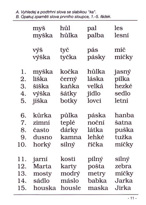 Čtenářské tabulky - Cvičení pro dyslektiky V.